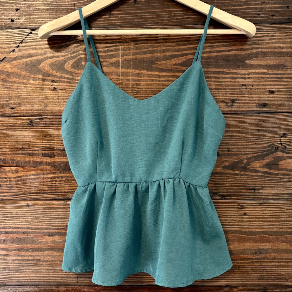Monteau Peplum Cami Top Women's L Teal Green Smocked V-Neck Boho Romantic Chic